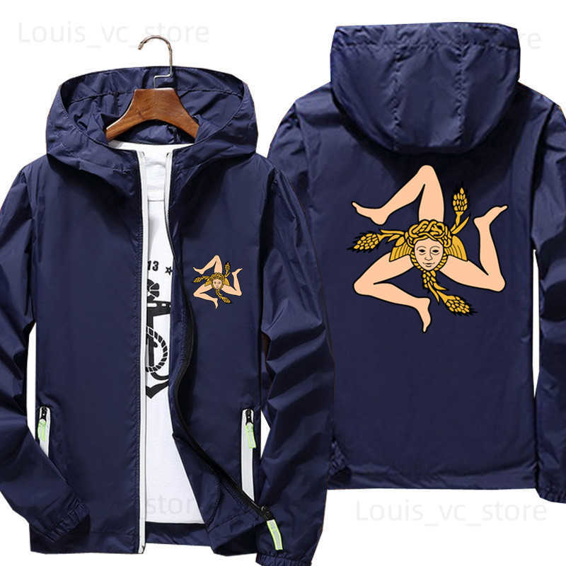Men's Jackets Unique Sicilian Sicily Flag Triskelion Men's Women Sportswear Hooded Bomber Zipper Thin Windbreaker Cycling Coat Jacket 7XL