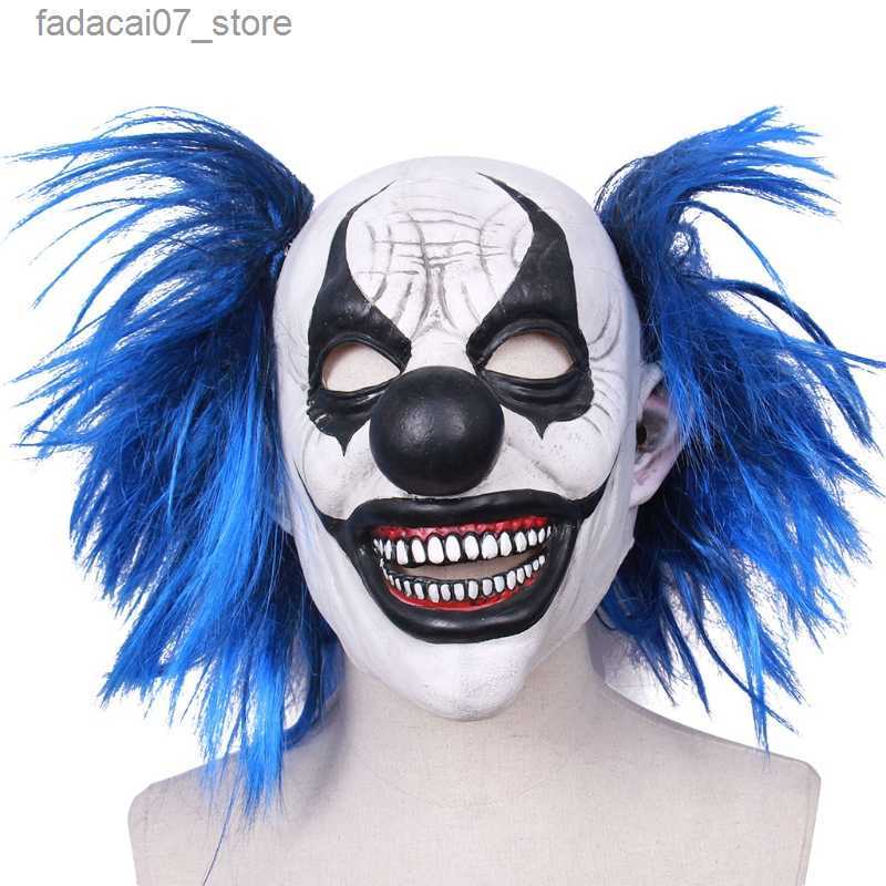 Other Event Party Supplies Realistic Latex Blue Hair Smiling Clown Mask Halloween Haunted House Ghost Headgear Party Cosplay Scary Props Q230919-image-903766756