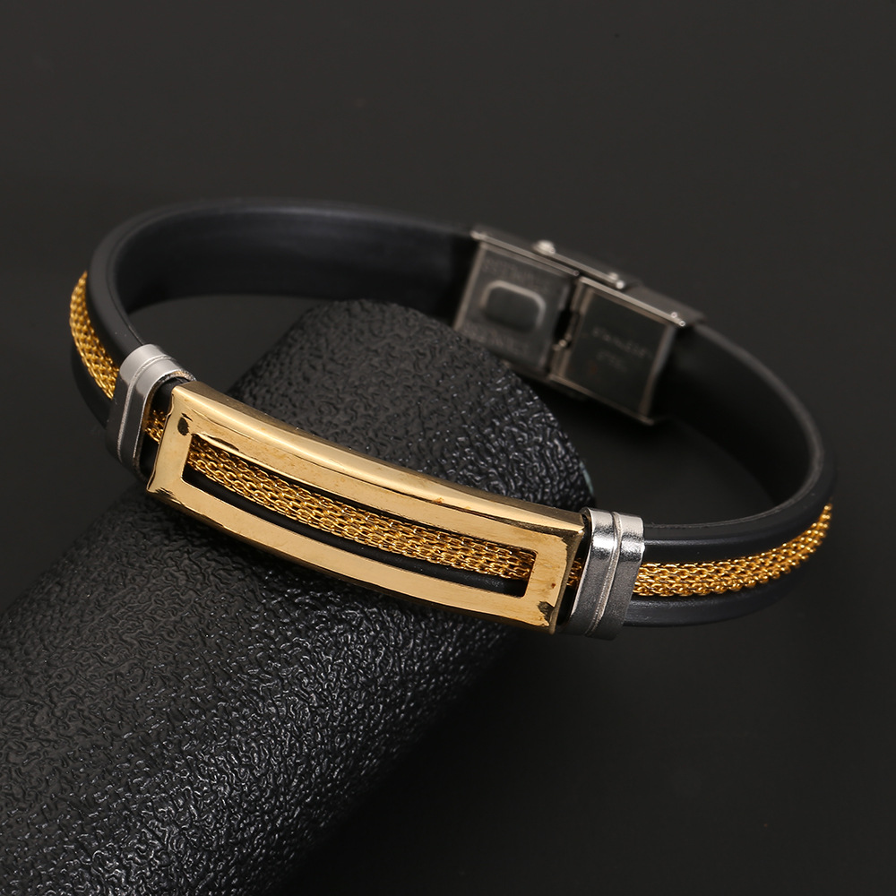 Cool Bracelet Black Silicone Wristband Golden Bracelet Chain Wrap Cuff Bangle Fashion Jewelry-image-903755730