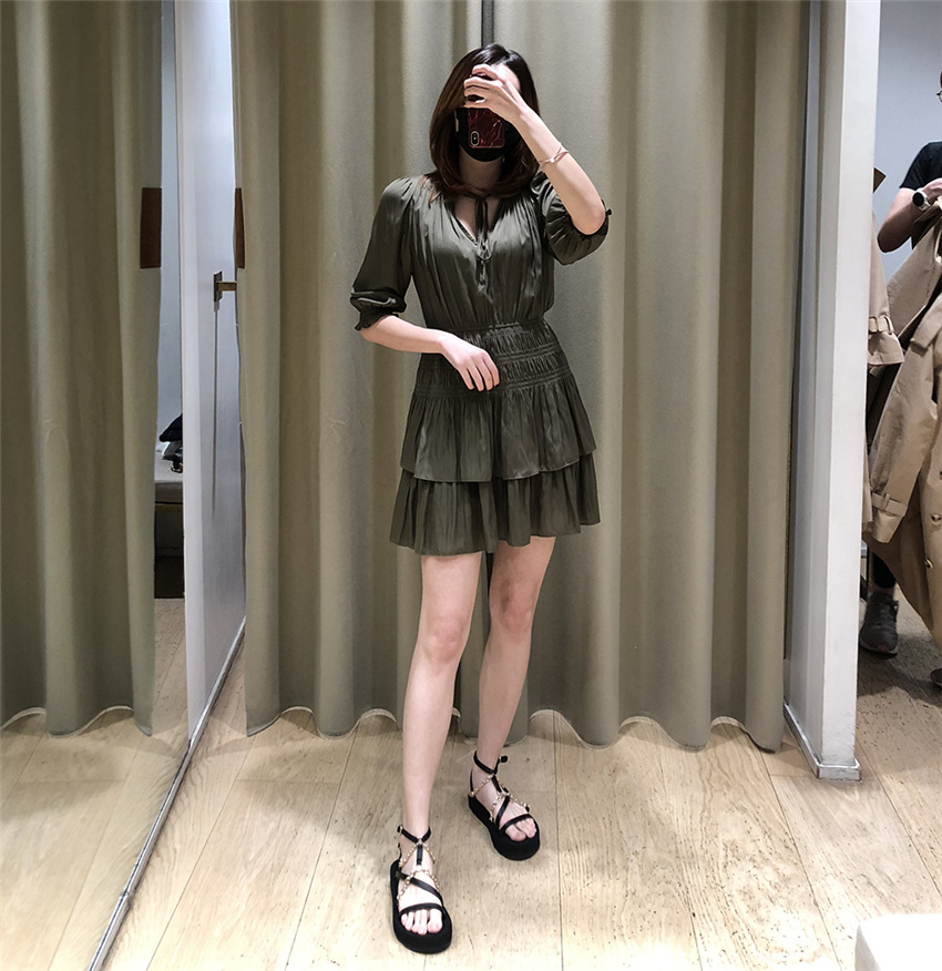 Womens Maje Fall Solid Color Green Lace-up Round Neck Ruffled Dress