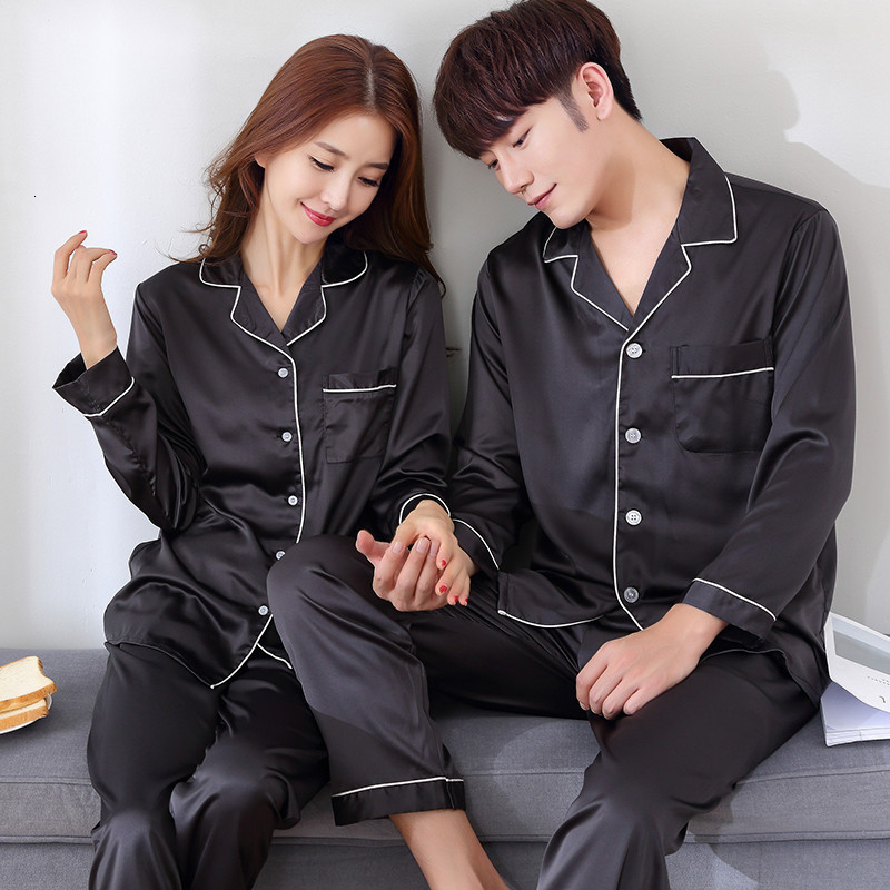 Vêtements de nuit pour hommes Couleur unie Vêtements de nuit Soie Satin Pyjamas Couple Ensemble Long Boutonné Pyjama Costume Pijama Femmes Hommes