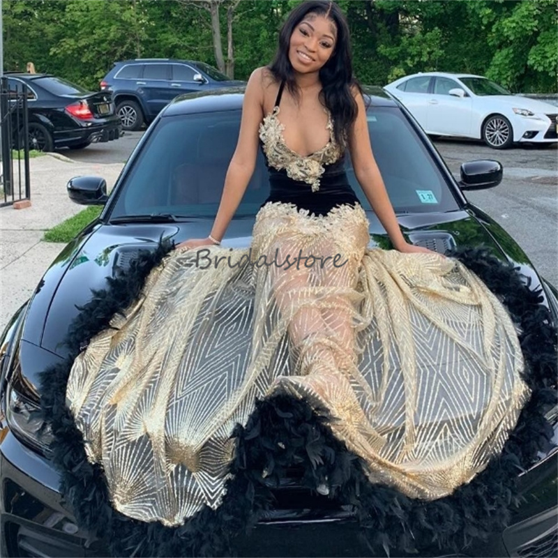 Elegant Black With Gold Prom Dress For Black Girls Luxury Golden Sequin Mesh Mermaid Evening Dress With Feather Formal Birthday Party Gown 2023 Vest
