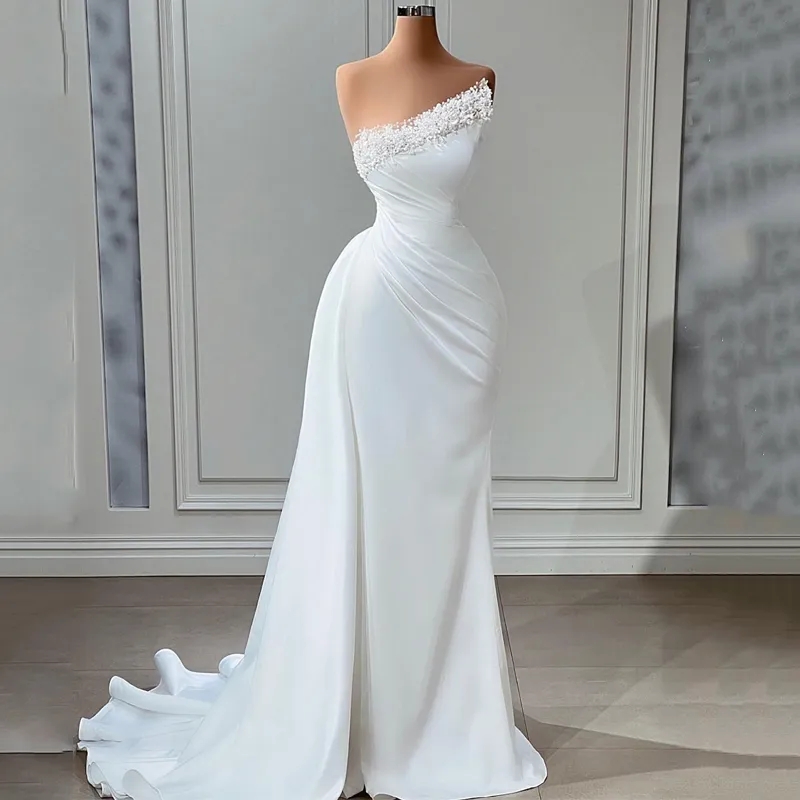 Robes de mariée trapèze blanches, bretelles Spaghetti, robe à perles, style Boho, en Satin, princesse, taille personnalisée