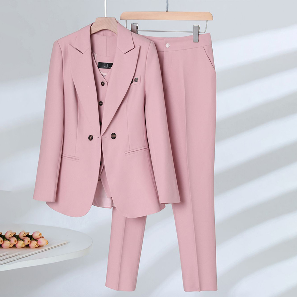 Womens Two Piece Pants Women Formal Pants Suits Spring Autumn Navy Blazer Vest and Trousers Pink Business Work Career Wear Office Ladies 3 Pieces Se