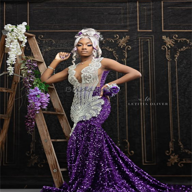 Black Girls Purple Prom Dress 2024 Rhinestone Crsytal Mermaid Evening Gowns Luxury Beaded Birthday Occasion Party Gowns Hoco vestidos de fiesta e