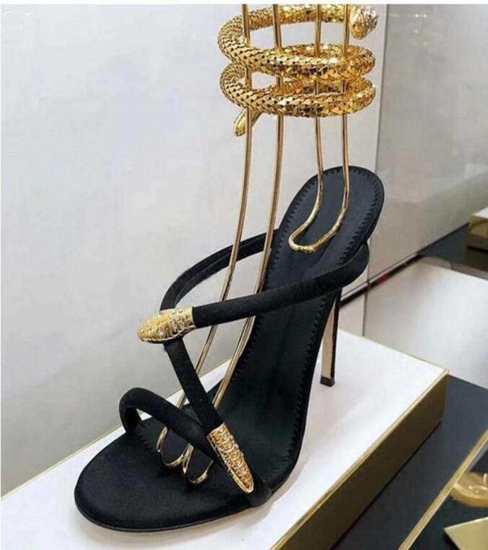 Gold Snake Strap Sandals Women High heeled Shoes Fashion Summer Slippers Evening Party-image-906129452