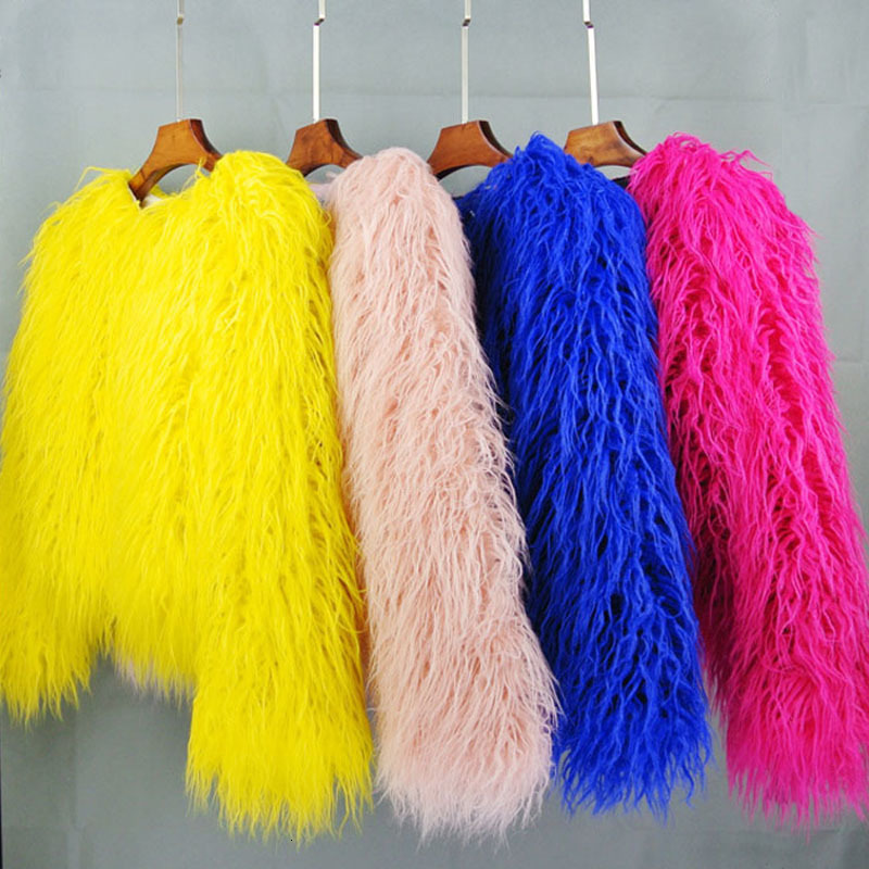 Women's Fur Faux Fur women's fur coat Colorful Furry Pink lamb wool faux fur coat female Shaggy sheepskin coat winter artificial fur ja