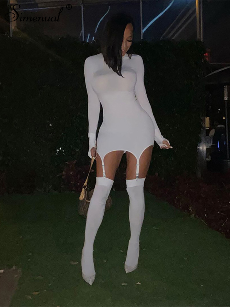 Robes décontractées de base Simenual solide moulante jarretière femmes mini robe avec bas à manches longues sexy clubwear maigre fête automne min