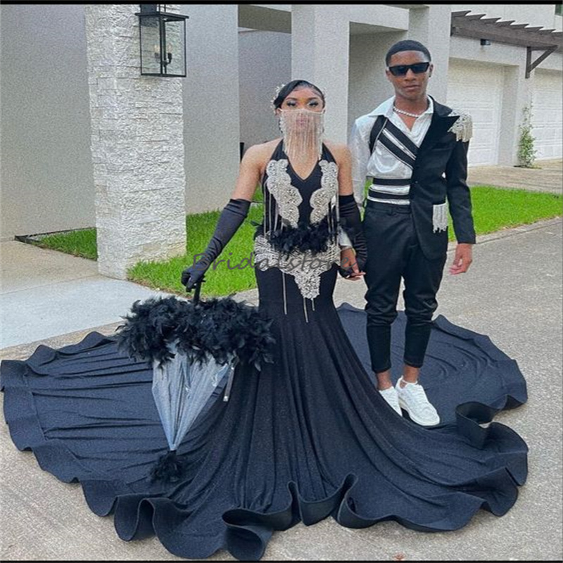 Élégante plume noire sirène robe de bal 2024 strass perlé filles noires robes de soirée col en V danse formelle fête d'anniversaire robe d'occasi