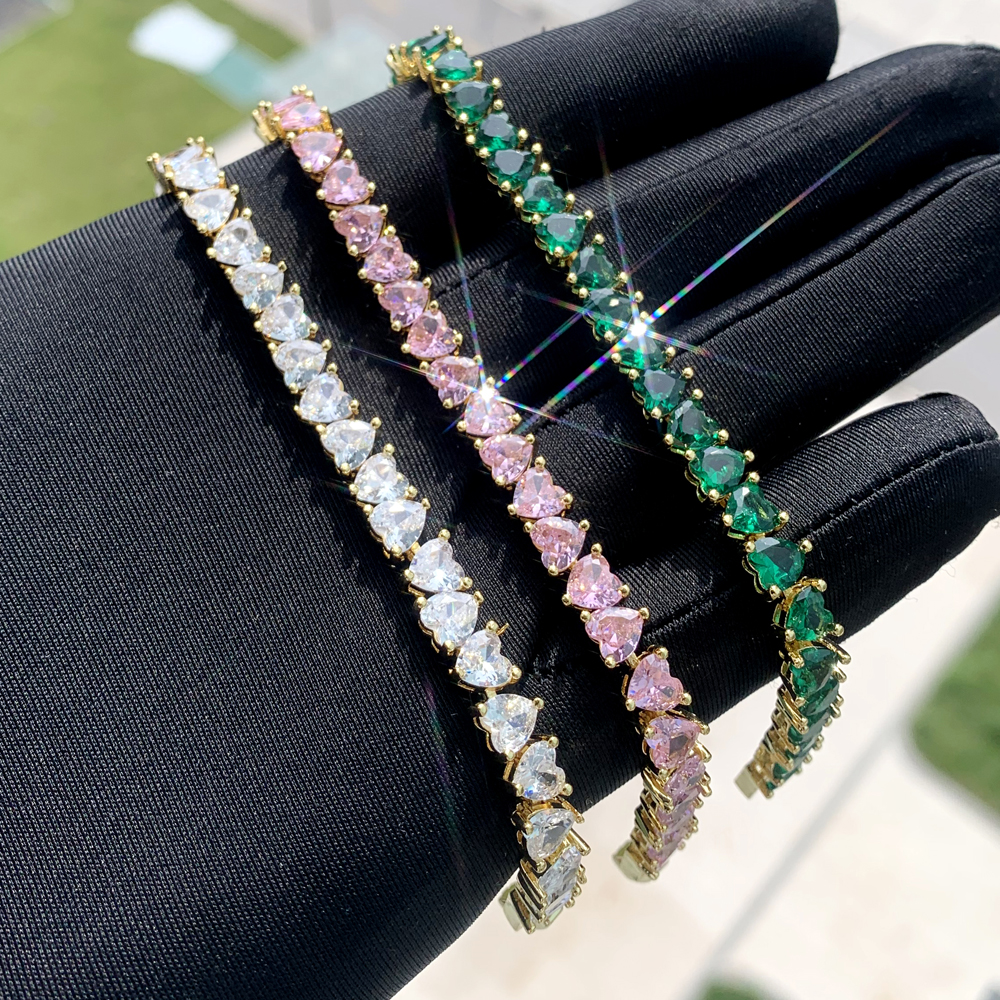 Mini Heart Love Tennis Chain Bangle Elegant Bracelet Hip Hop Paved Pink Green White Cubic Zirconia Women Party Gift Wholesale Jewelry