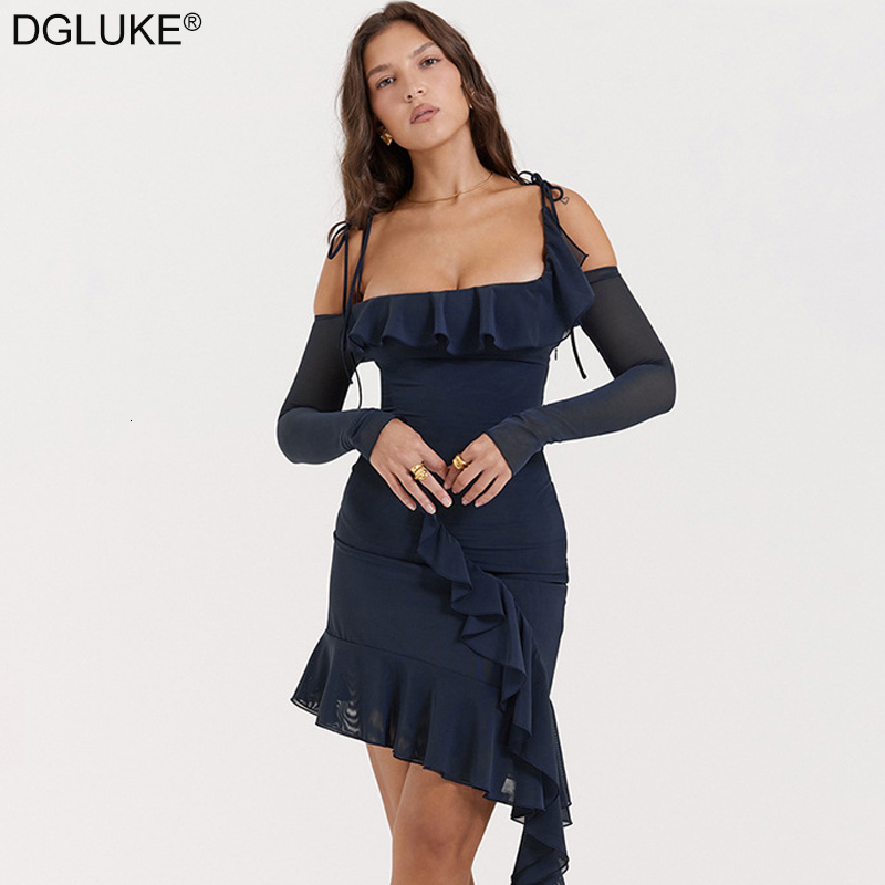 Basic Casual Dresses Spaghetti Strap Ruffle Mini Dress Mesh Long Sleeve Bodycon Backless Off Shoulder Night Club Party For Women 230921