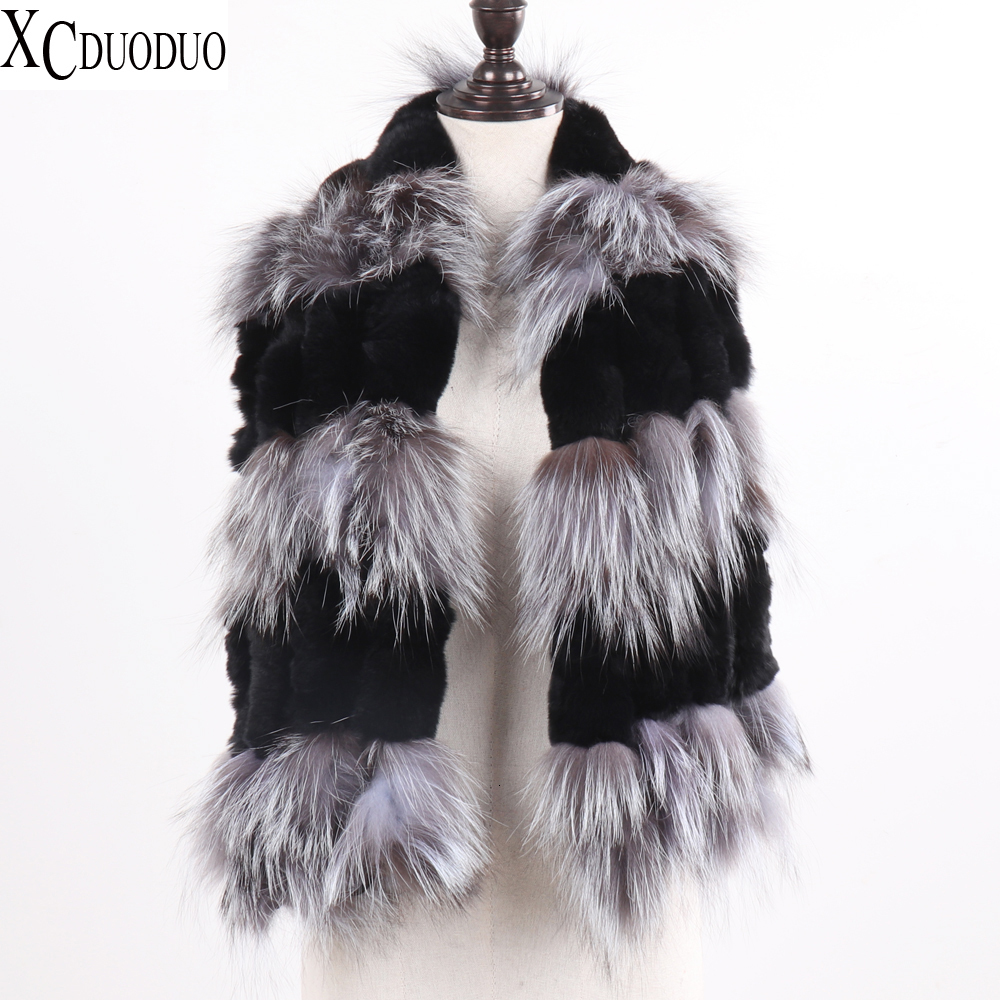 Scarves Winter Women Long Genuine Knitted Fur Scarf Real Rex Rabbit Collar Warm Neck Stole Tassel Natural Silver 230921