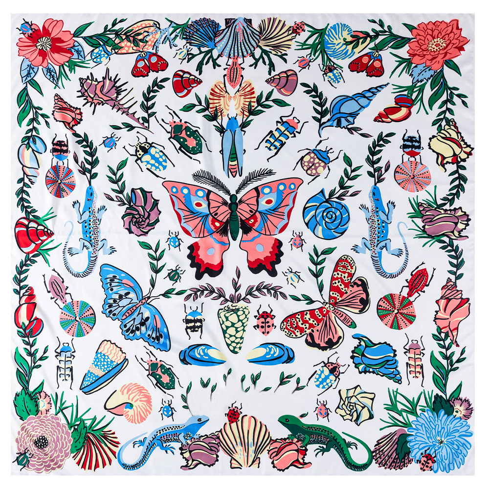 Scarves 130cm Twill Silk Big Butterfly Insect Print Female Headscarf Shawl Scarf Neck Gaiter Kerchief Sunscreen Head Beach Towel 230921