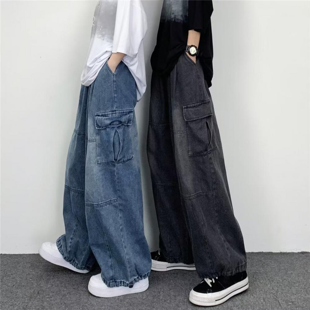 Mens Jeans Men Denim Pants Bottoms Baggy Cargo Solid Color Relaxed Fit Mid Waist Trousers Streetwear 230921