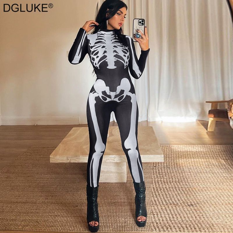 Combinaisons pour femmes Barboteuses Squelette Imprimer Combinaison Col Roulé À Manches Longues Noir Body Sexy Complet Du Corps Costume D'Hallowe