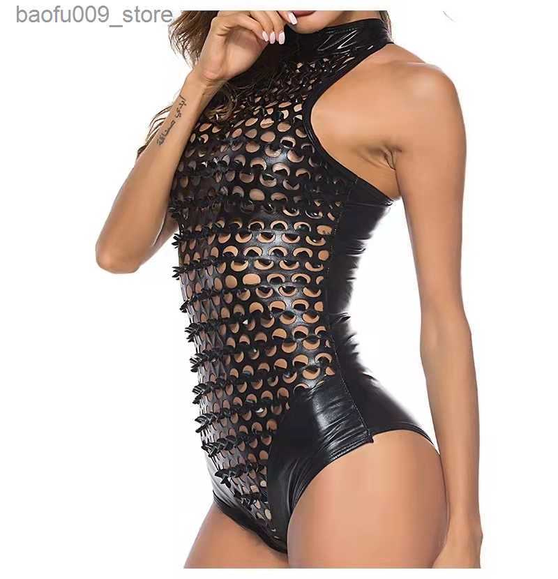 Sexy Set Women See Through Patent Leather Catsuit Punched Hole y Below Shaping Bodysuit Porn Breast Exposing Latex Sheath Leotard i Q230921-image-904745803