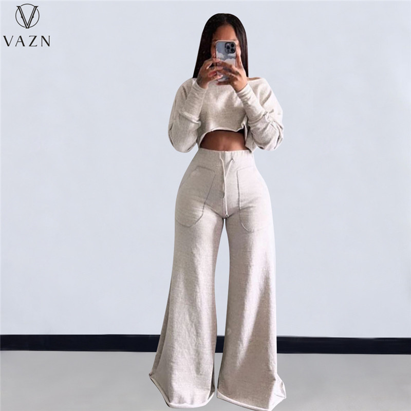 Pantalon de deux pièces pour femmes VAZN INS Haut de gamme Sweats à capuche Ensemble Sexy Jeune Quotidien Solide Taille Haute Manches Longues Jam
