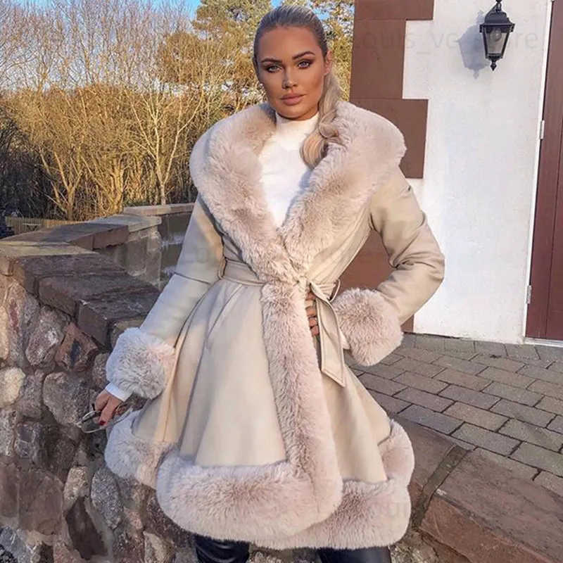 Women's Fur Faux Fur Women Fashion PU Leather Tie Belt Waist Mid-Length Coats 2023 Side Pockets Jackets Elegant Solid Faux Fur Jacket Female Ov