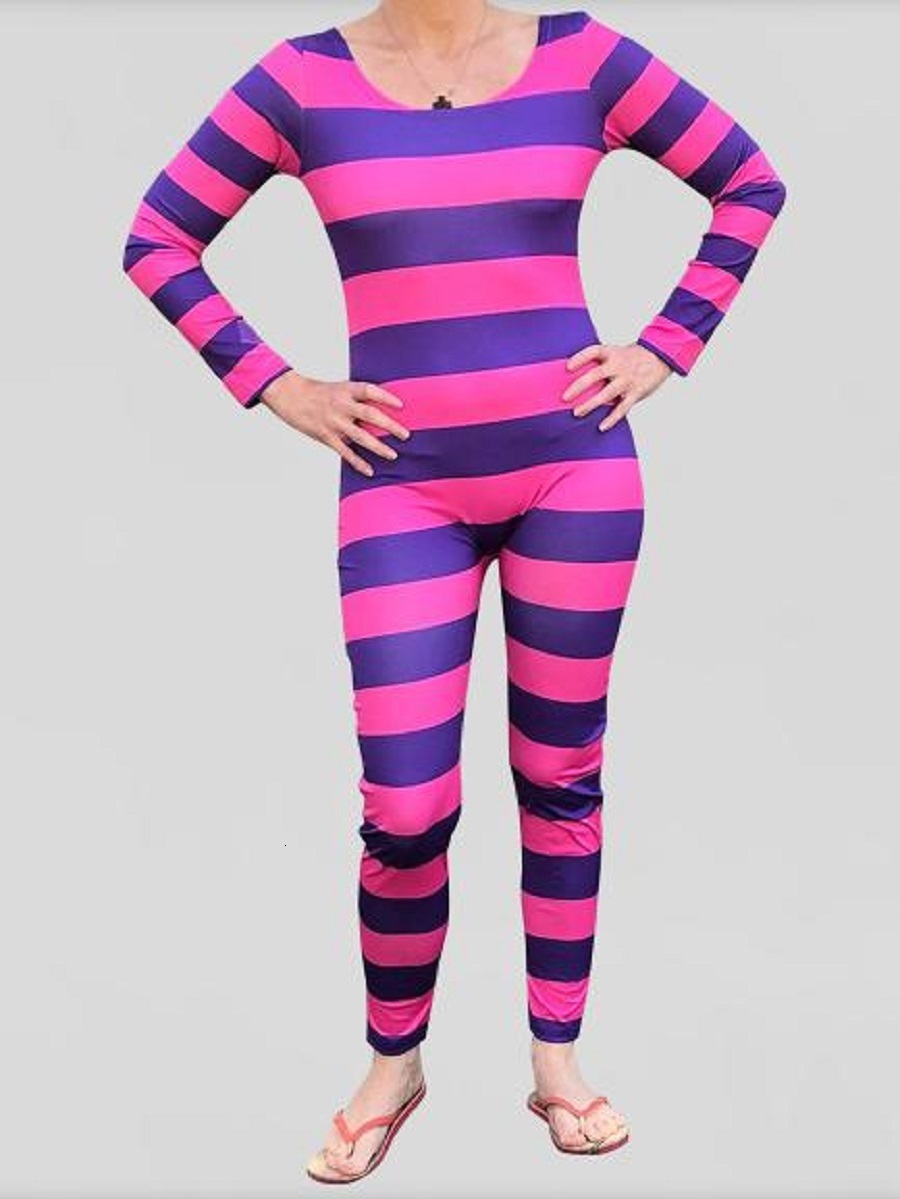 Women's Jumpsuits Rompers Women's Cat Halloween Costume Pink Purple Striped Long Sleeve Jumpsuit Cosplay Outfits 230920