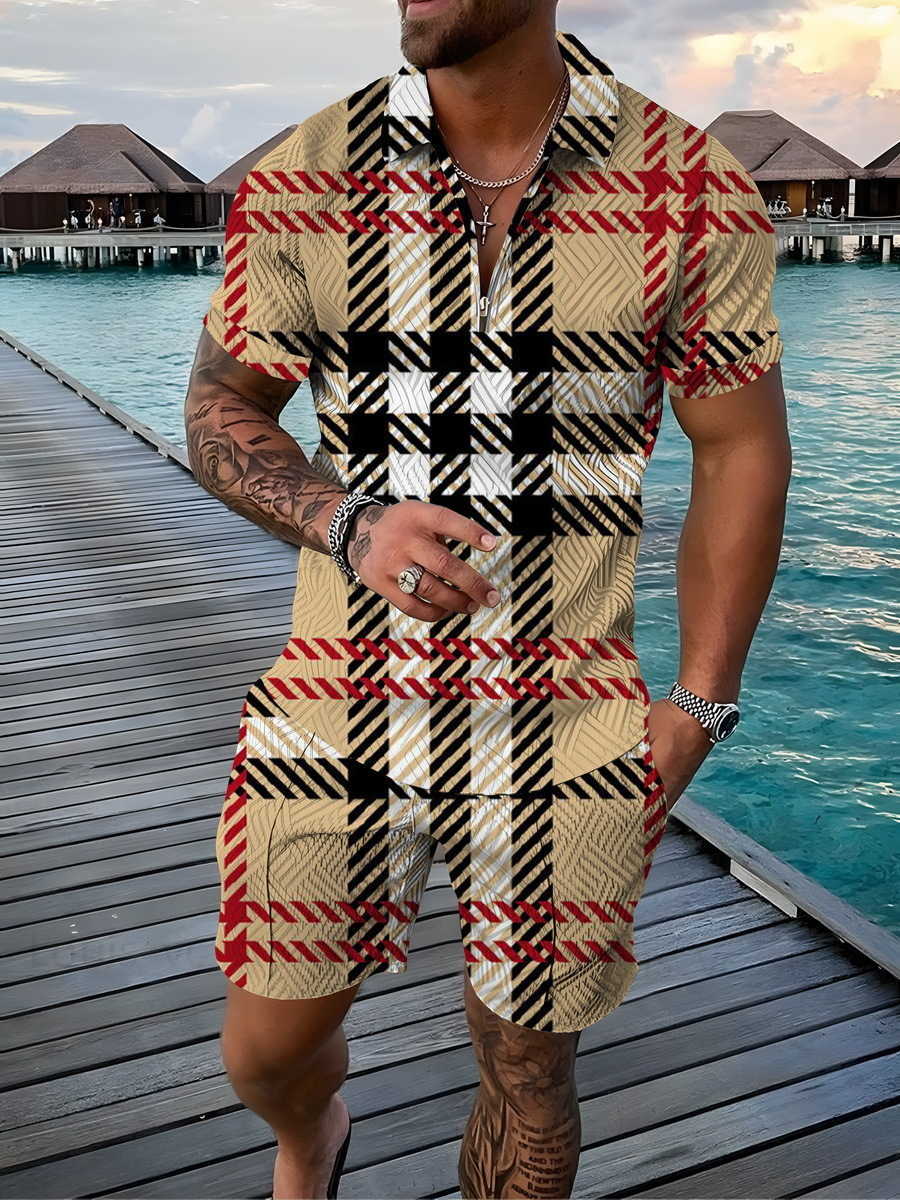 Men's Tracksuits Summer Men Polo Shirt Set Tracksuit Vintage Outfit Hawaii 2 Pieces Casual Business Suit Fashion Trun Down Collar Zipper Clothi