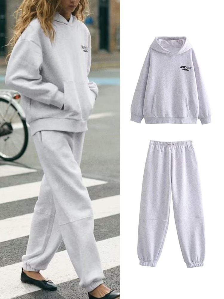 Womens Two Piece Pants TRAF Autumn Winter Women Loose Hooded Sweatershirt Sets Streetwear Long Sleeve Solid Pullover Tops Elastic Waist 230921