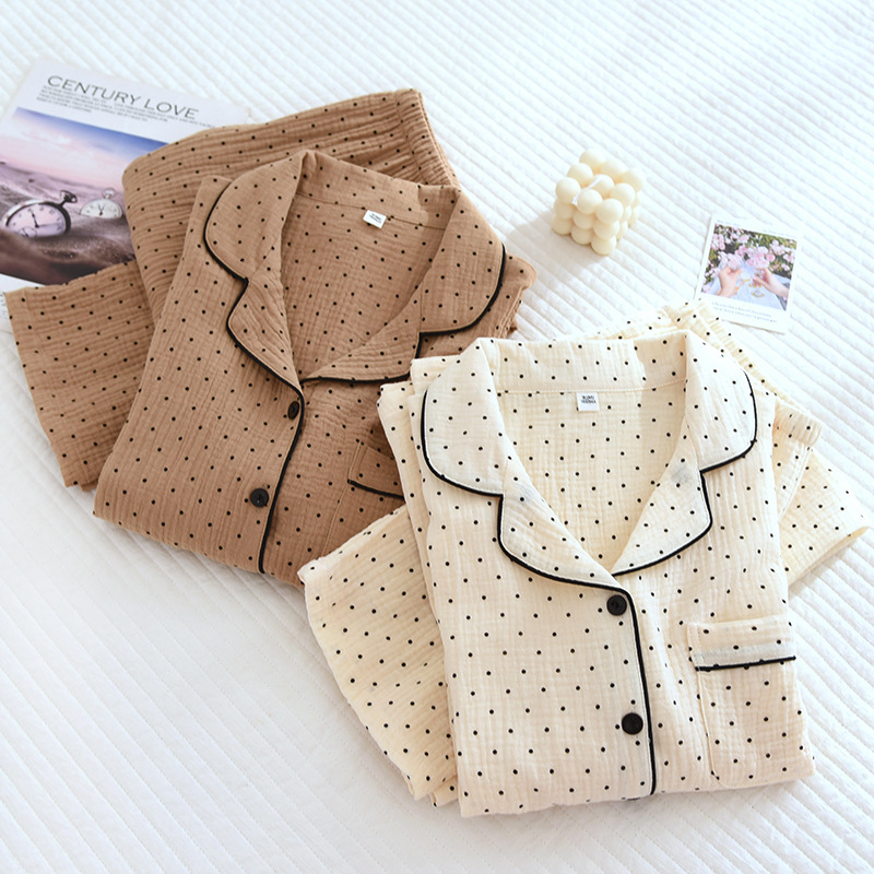 Womens Sleepwear 100% Cotton Gauze Winter Women Pajamas Polka Dot Print Autumn Female 2 Piece Set Nightwear Lady Pyjamas Loungewear 230922
