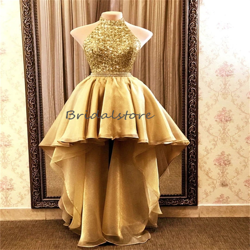 Hi Low Gold Sequin Prom Dress For Black Girls Sexy Halter Backless Homecoming Dress 2023 Sparkly Formal Short Evening Dress Chic Cocktail Party B