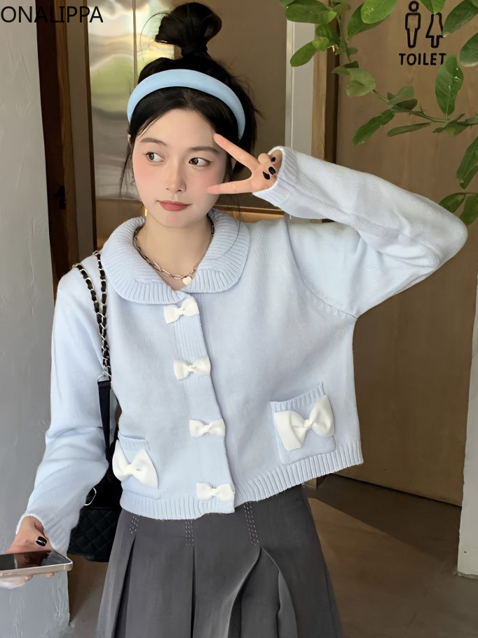 Onalippa Kawaii Bows Cardigan court femmes col claudine simple boutonnage tricoté Cardigans coréen manches longues doux pull 230921