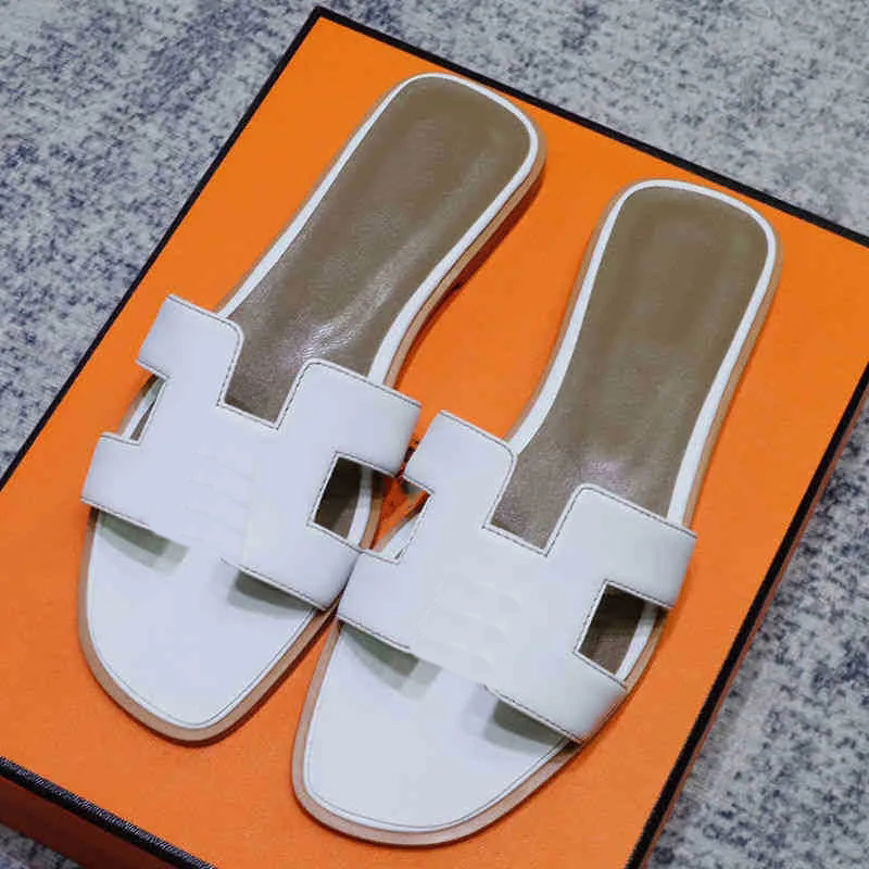 designer slippers chypre H slides women's summer spring new versatile color matching leather one-line wear flat bottomed beach sandals yiweibag