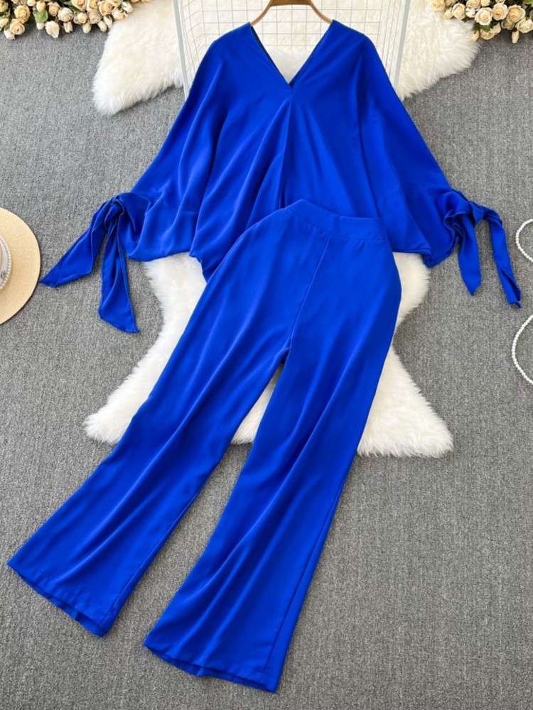 Femmes Deux Pièces Pantalons Femmes Mode Élégant Décontracté 2 Lâche Chemises Hauts Jambe Large Pantalon Costume Femme Vintage Solide Pantalon En