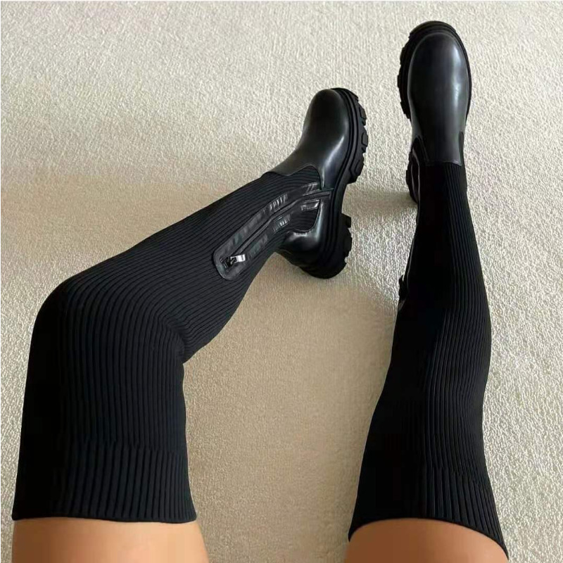 Boot Thick Sole 2023 Autumn Winter Breathable Knitting Sock Ladies Thigh High Stretch Round Toe Shoes Plus Size 43 230921