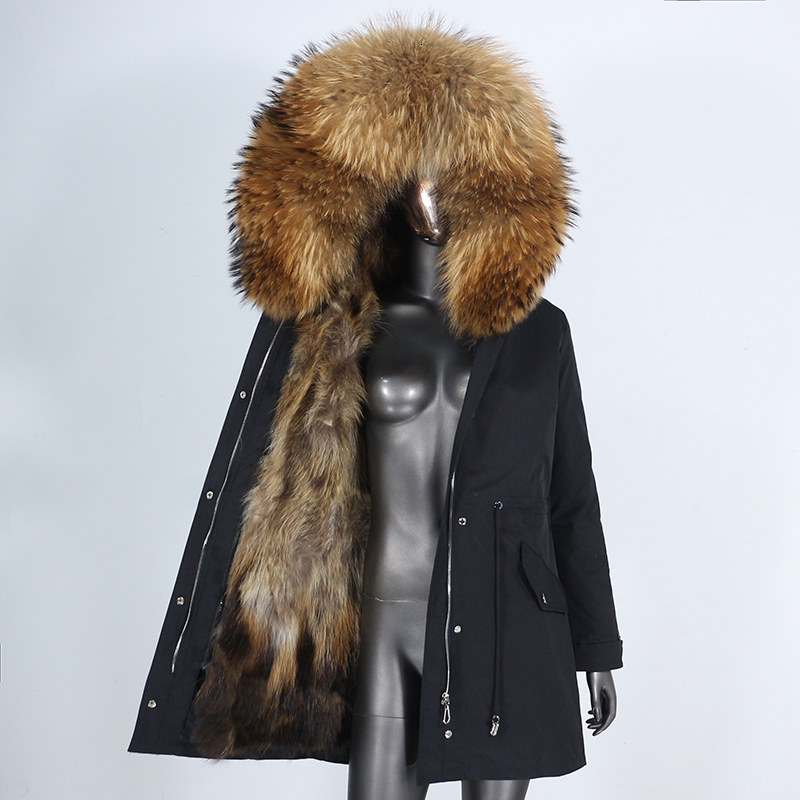 Femmes fourrure fausse mode réel manteau veste d'hiver femmes longue Parka imperméable col naturel capuche épaisse chaude doublure de raton laveu