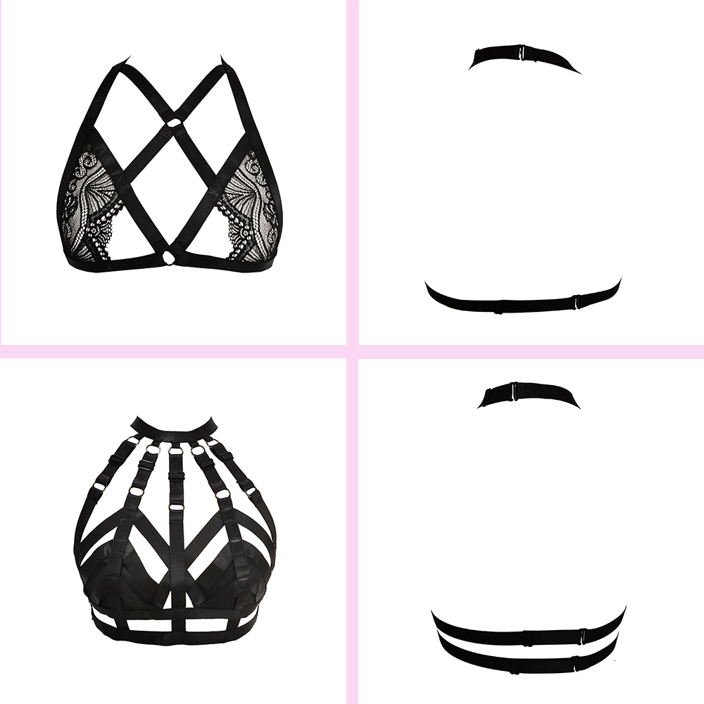 Suspenders HANAERNES Ladies Full Cage Lace Body Suspenders Underwear Garter Hollow Crop Top Bra with Punk Gothic Suspender Pants 230921