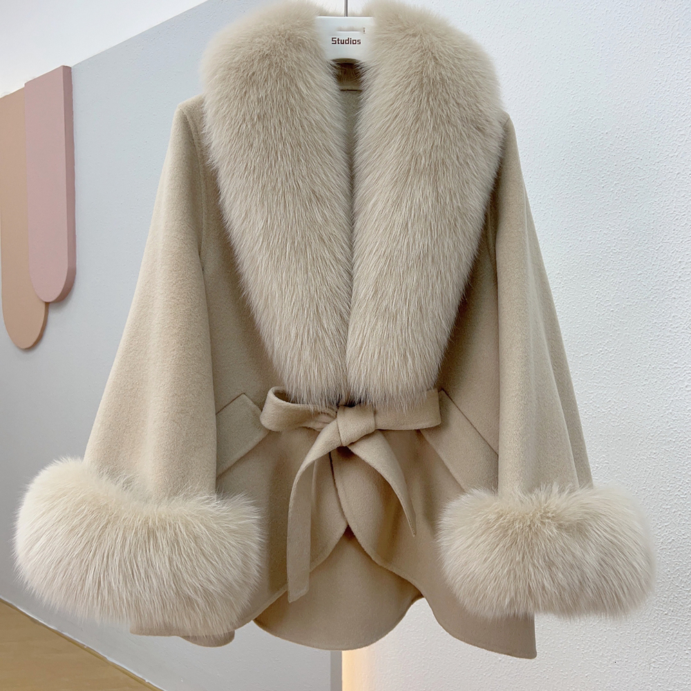 Womens Fur Faux Natural Coat Winter Jacket Women Real Collar Cuffs Belt Cashmere Wool Woolen Ladies Outerwear Streetwear 230922