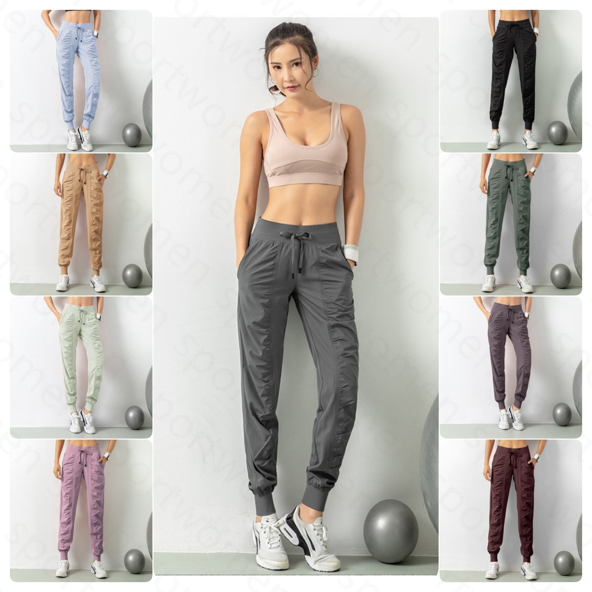 Sweatpants Fabric Drawstring Running Sport Joggers Women Quick Dry Athletic Gym Fitness with Two Side Pockets Exercise Pants Outdoor Recreation-image-905782480