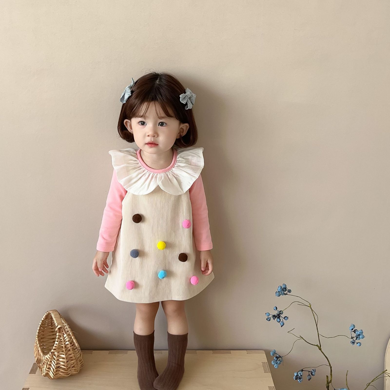 Ensembles de vêtements automne filles robe à bretelles ensemble bébé fille mignon pompon gilet avec chemises enfants princesse 2 pièces costume 2