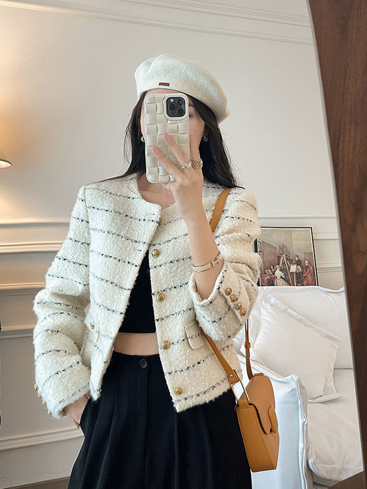 Women's Jackets Zoki Sweet Women Striped Tweed Jacket Korean O Neck Casual Buttons Coat Autumn Winter Chic Slim Office Lady Long Sleeve Jacket