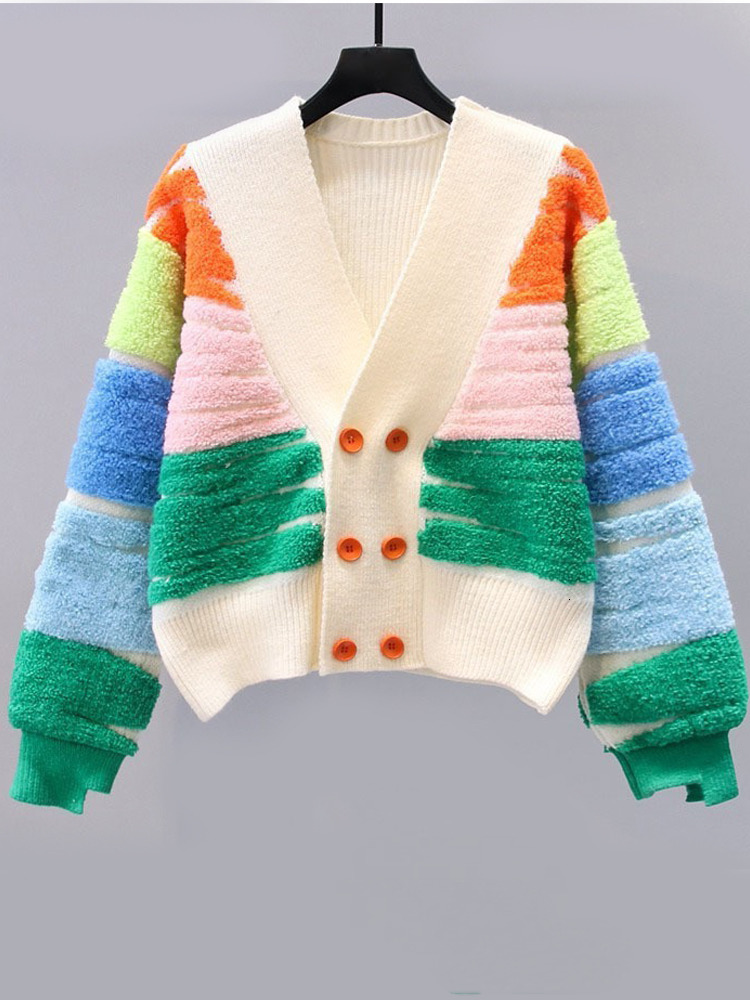 Tricots pour femmes Tees Rainbow Pull tricoté Femmes Automne Hiver Cardigan Dames Casual Lâche Double Boutonnage Manteau Femme Vintage Doux Col V