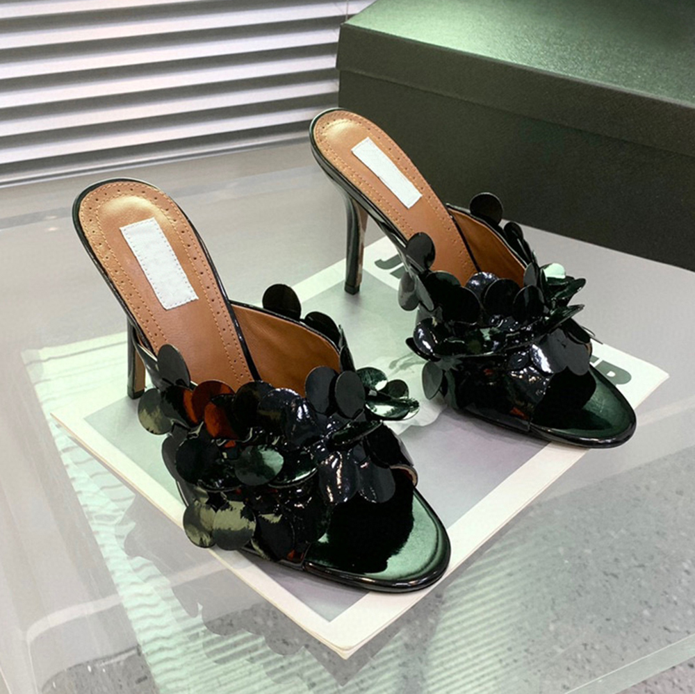 Mules à décoration de pétales blanches, pantoufles, chaussures de mariée, sandales à talons aiguilles, chaussures à bout ouvert, chaussures de lu