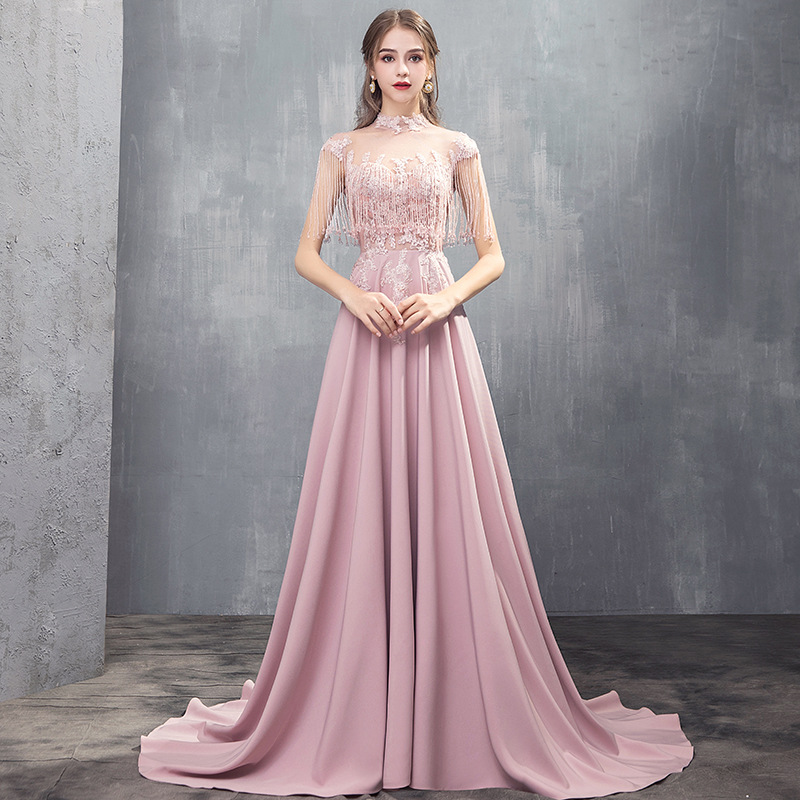 2023 new Mother Of The Bride Dresses satin Pink beaded tassels high Neck Illusion Lace Appliques Flowers Chiffon Party Evening Wedding Guest Gown-image-906109432