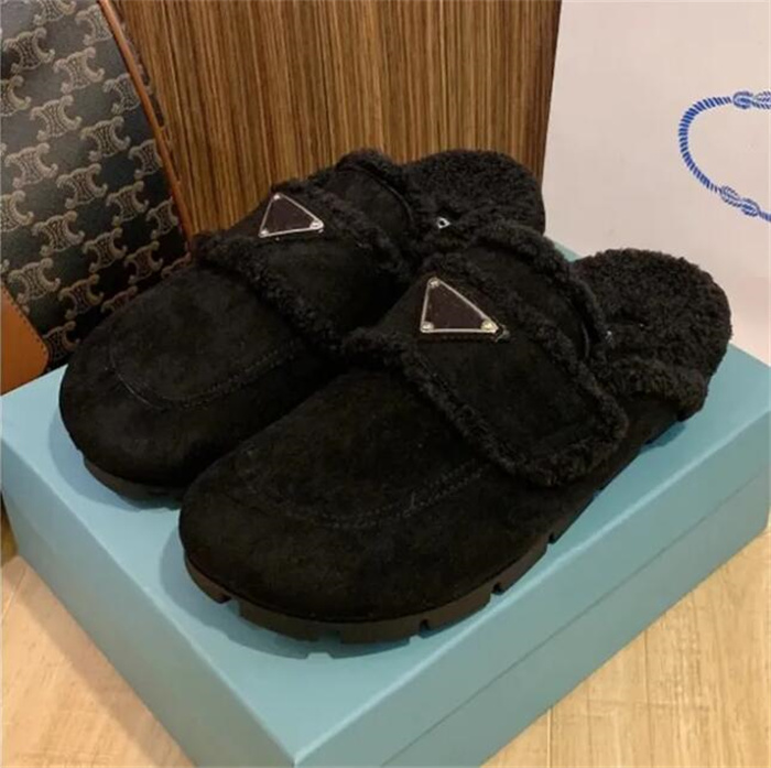 Luxury designer Women warm wool slipper slide flat Shearling-lined suede slippers triangle- shearling slipper brown black Autumn Winter Slides Ru