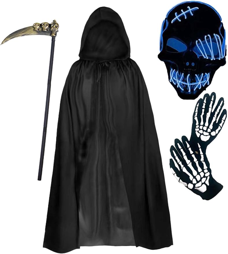 Halloween Costumes 4Pcs Grim Reaper Costumes Scary Halloween Costumes for Kids Adults with Cloak LED Mask Scythe Gloves Included
