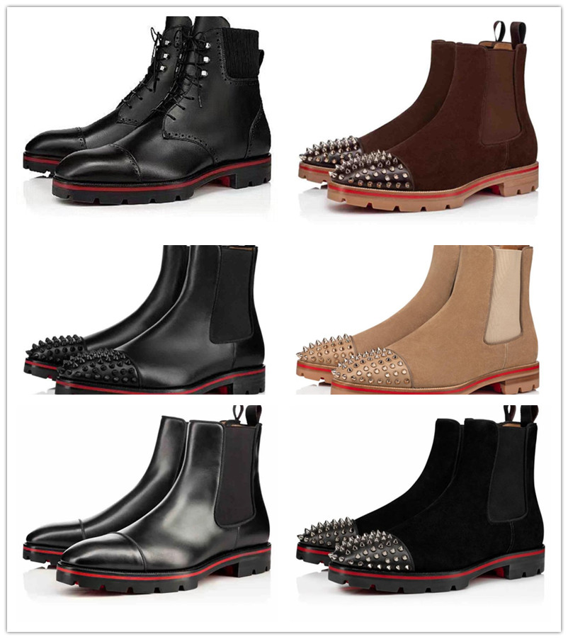 Winter Luxury Red Botto Men Ankle Boots Melon Spikes Flat Boot Italy Beautiful Suede Calfskin Rubber Lug Sole Design Casual Booty Wedding Party Shor