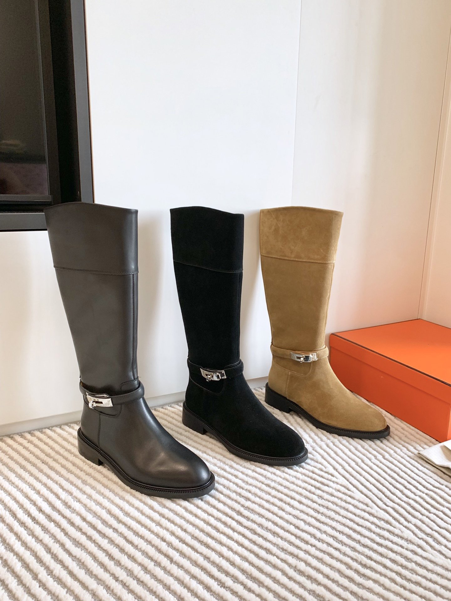 botas largas Zapatos de mujer Botas altas hasta la rodilla de punto de invierno Zapatos Chelsea atractivos Bota gruesa Moda de gamuza de cuero genui