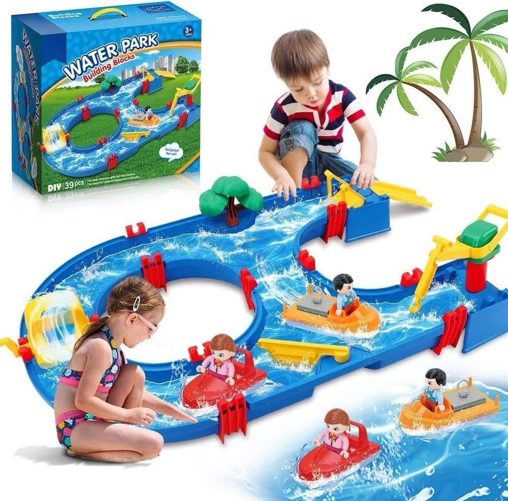 Jouets de bain Jouet aquatique pour enfants 39 pièces bricolage Mini parc aquatique blocs de construction jouet sur table ou pelouse plage voie n