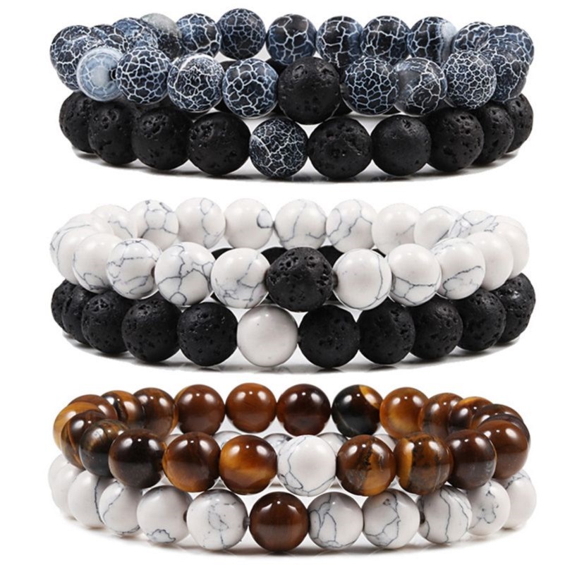 Ensemble Bracelet Couples Distance Noir Blanc Pierre de Lave Naturelle Oeil de Tigre Perles Bracelets de Yoga pour Hommes Femmes Bracelet Élastiq