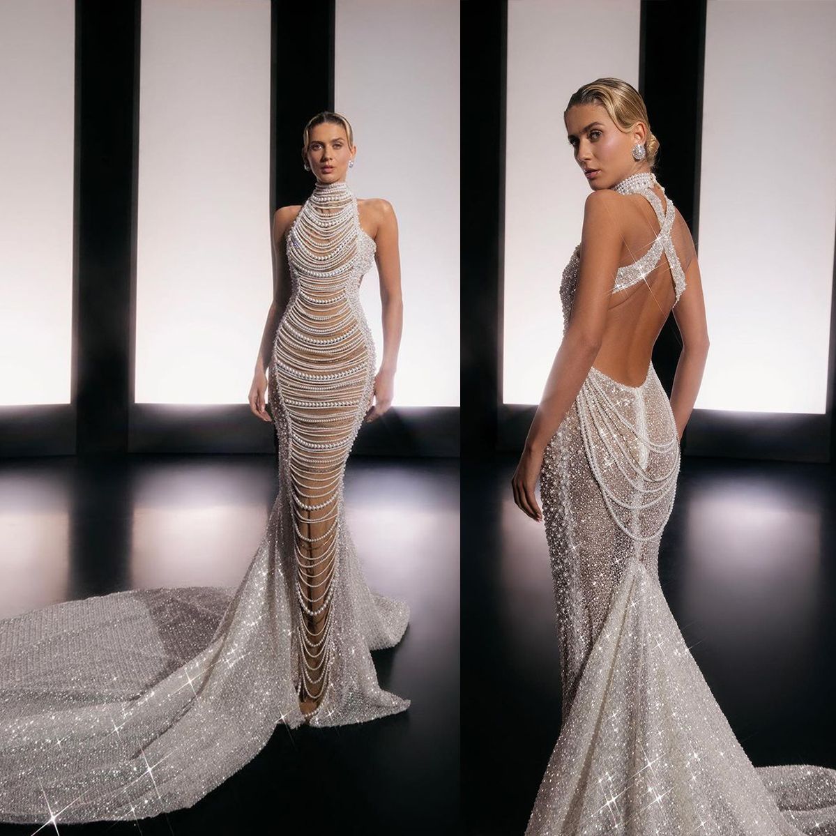 Elegant Halter Mermaid Wedding Dress Sparking Sequined Pearls Saudi Arabic Sleeveless Beads Bridal Gown Custom Made