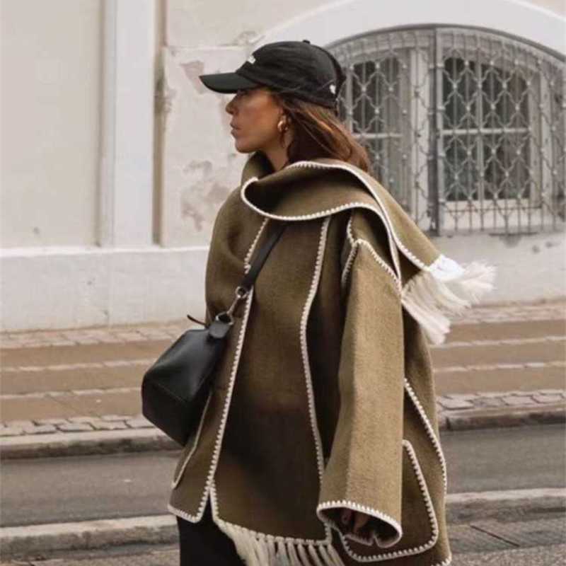 Women's Wool Blends Women Splice Cashmere Coat With Scarf Chic Long Sleeve Solid Quilted Thick Jacket Loose 2023 Autumn Winter Warm Streetwe