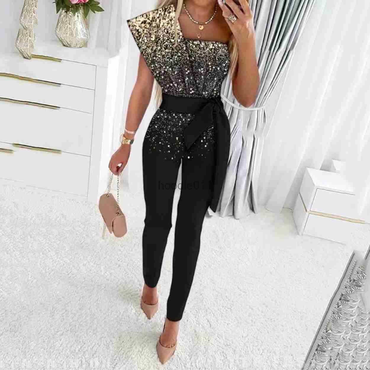 Women's Jumpsuits Rompers Fashion Sequins Patchwork Short Sleeve Slim Bodycon Outfits Jumpsuit Women Lady Elegant Sexy One Piece Party Overa-image-906428949