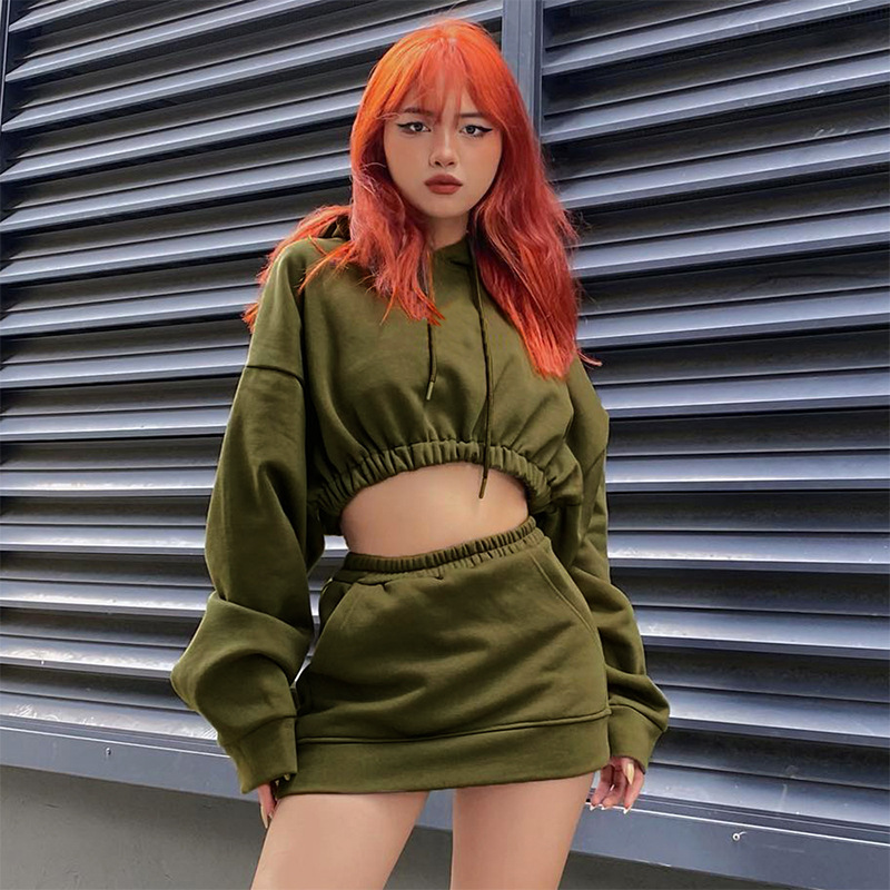 Two Piece Dress Crop short hoodie skirt two-piece suit for women-image-759993112